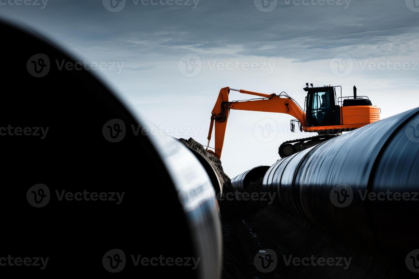 Excavator working on pipeline construction project under cloudy sky in industrial area photo