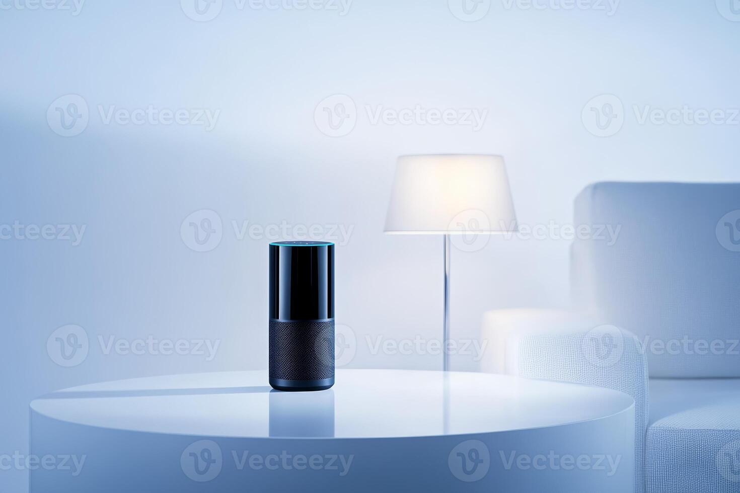Modern smart speaker on table beside lamp in cozy living room at nighttime ambiance photo