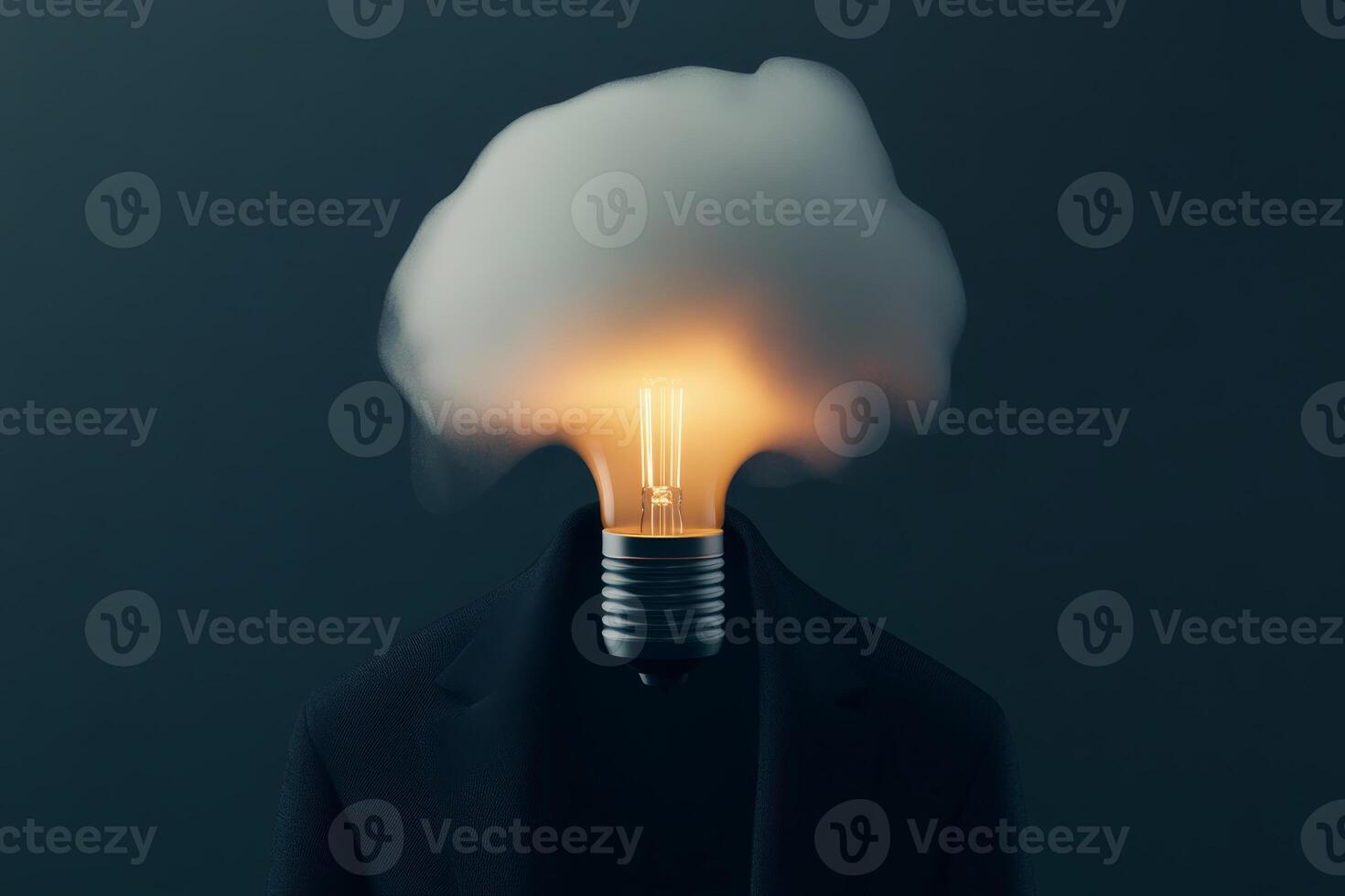 Creative concept of a person with a light bulb head emitting a cloud, representing ideas and imagination in a dark background photo