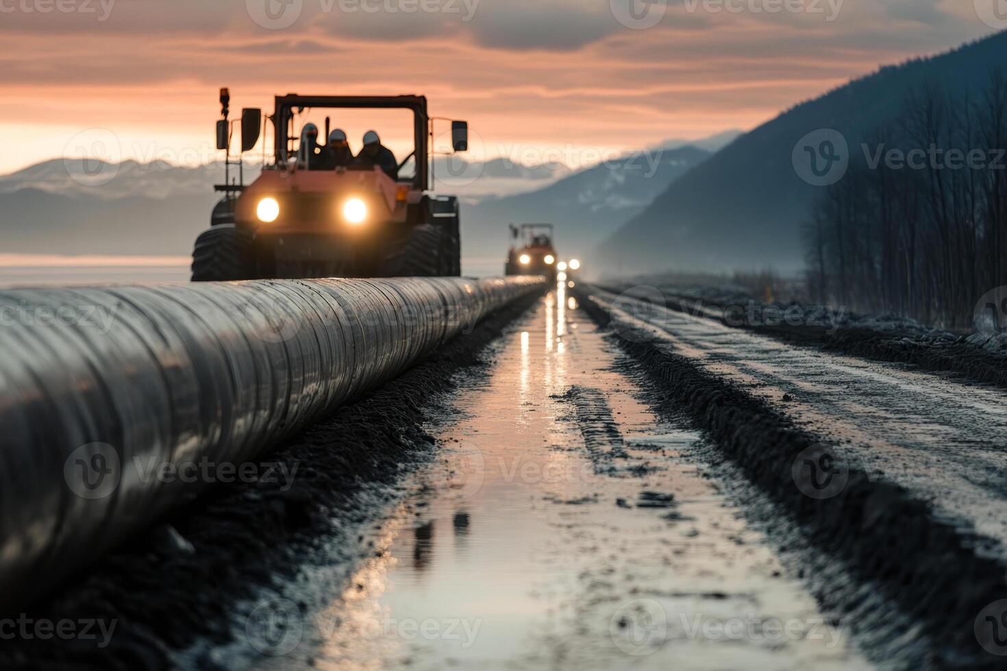 Construction vehicles laying pipeline during sunset near mountainous terrain in remote area photo