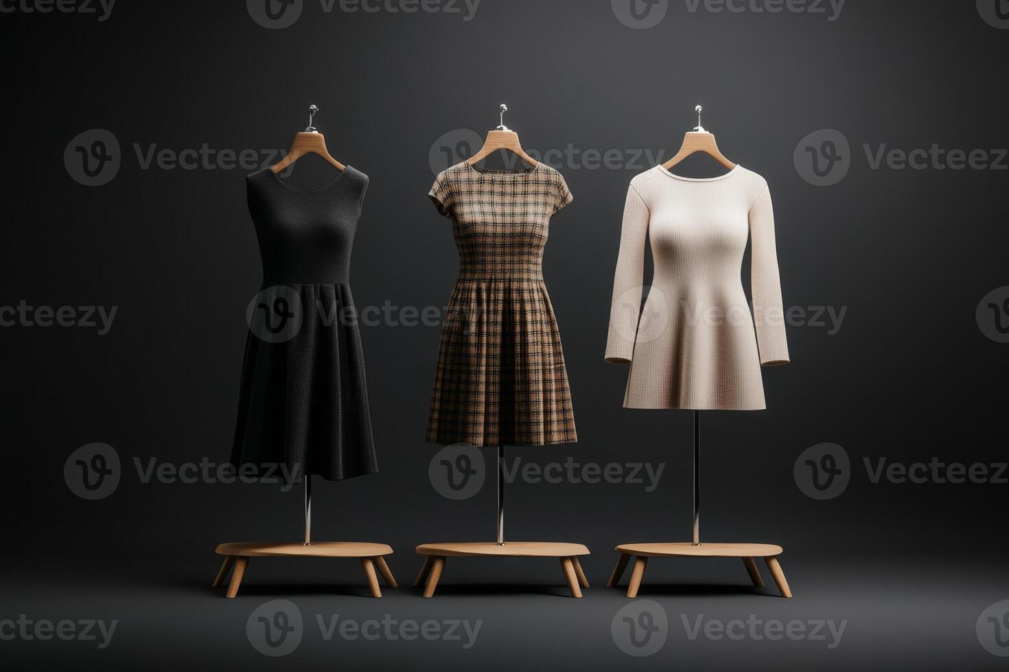Stylish collection of dresses showcased on mannequins against a dark background in a modern display setting photo