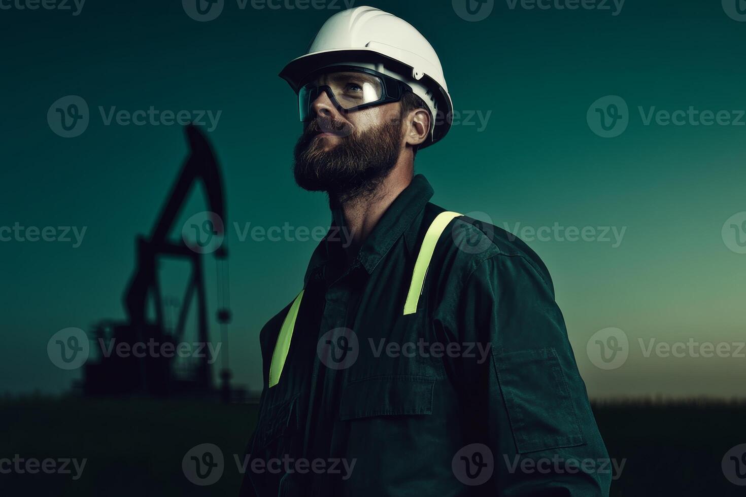 Oil worker stands proud in the twilight, with drilling rig silhouetted against the evening sky photo