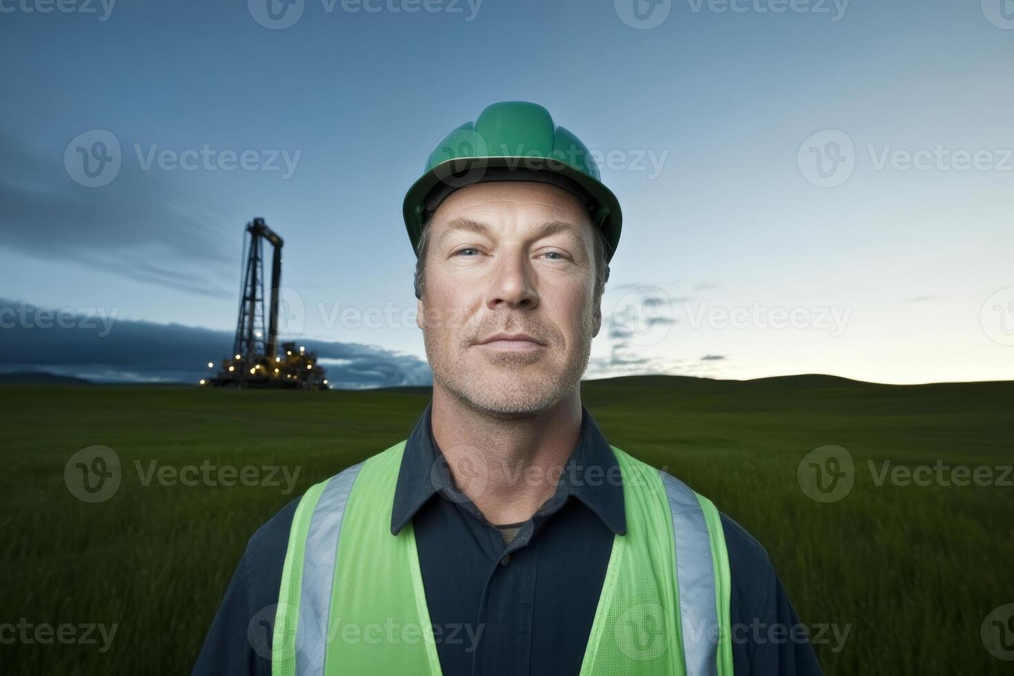 Construction worker stands confidently at a drilling site during twilight under a vast sky photo
