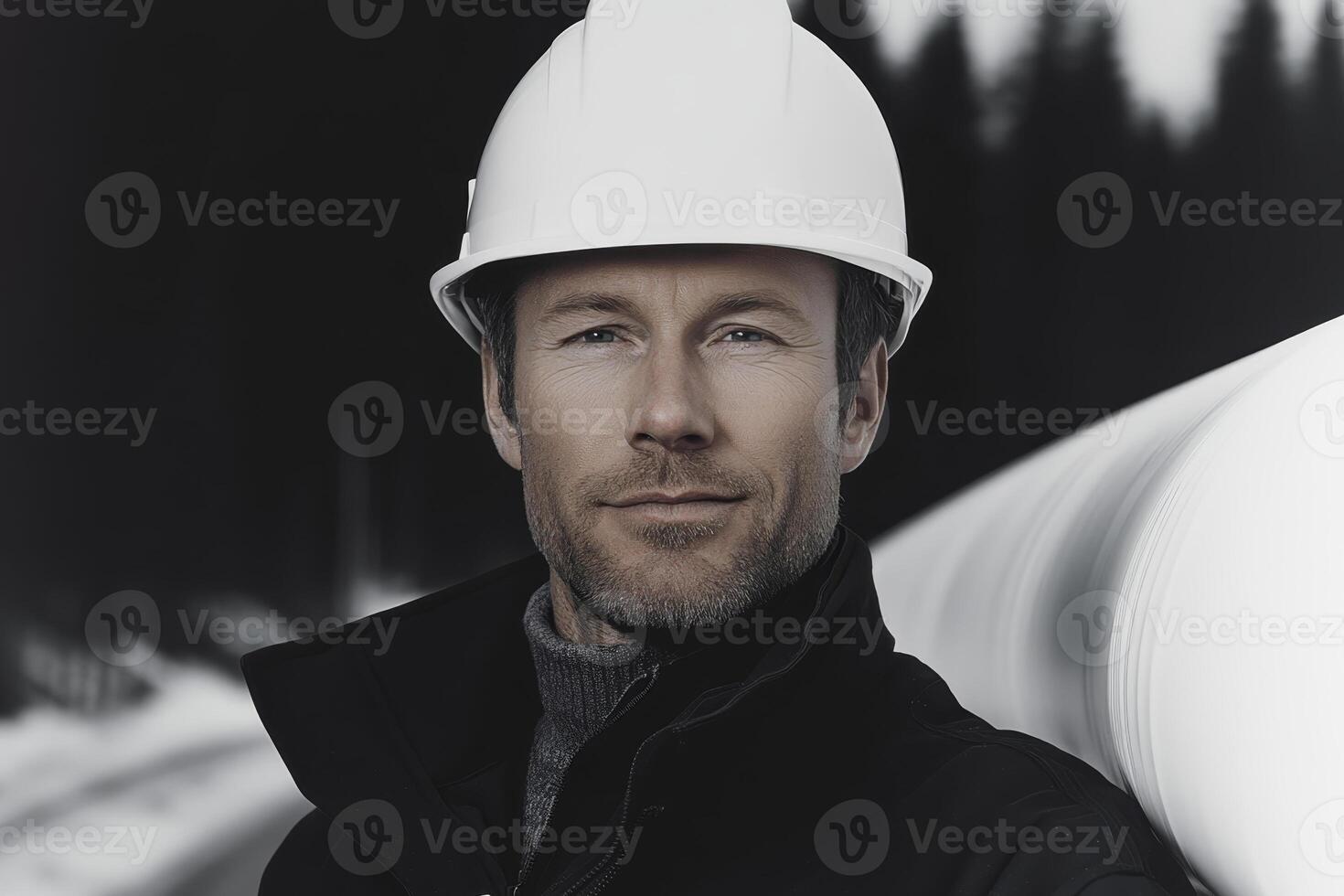 Professional man wearing a hard hat poses confidently near construction site in winter setting photo