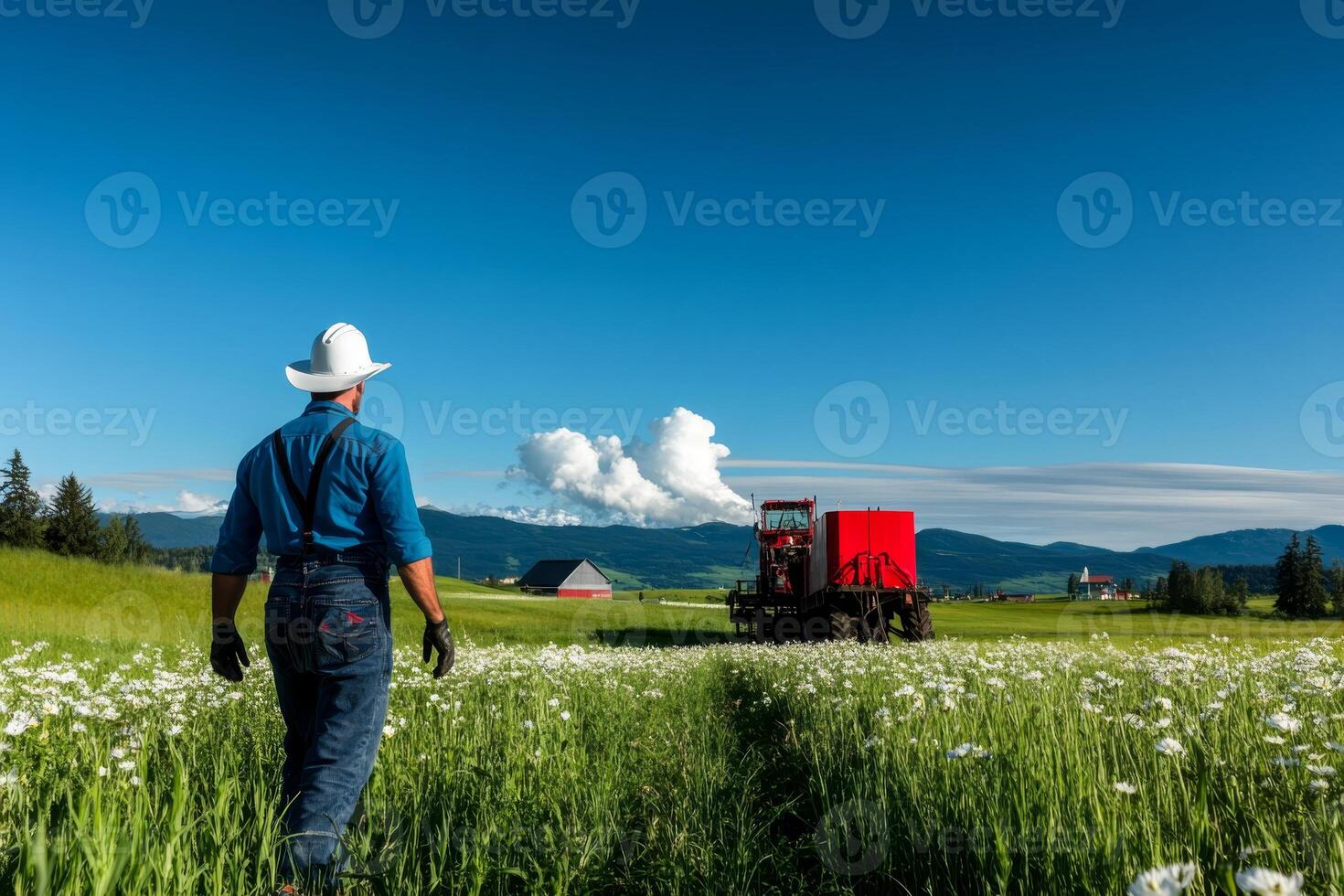 Farmer walking through a flowering field towards a red tractor under a clear blue sky in late afternoon photo