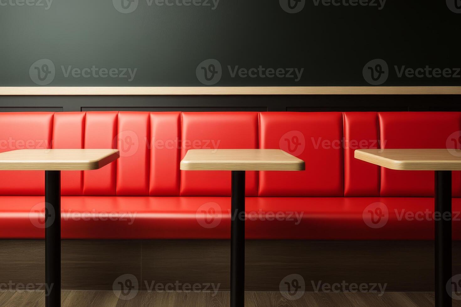 Cozy diner interior with red booths and wooden tables in a modern setting photo