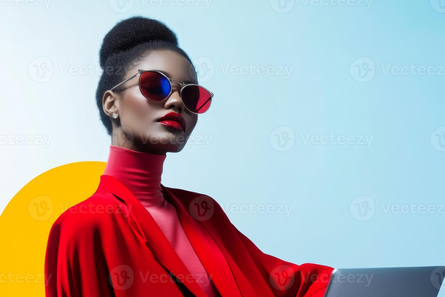 Bold fashion statement featuring a woman in stylish attire and sunglasses during a modern photoshoot photo
