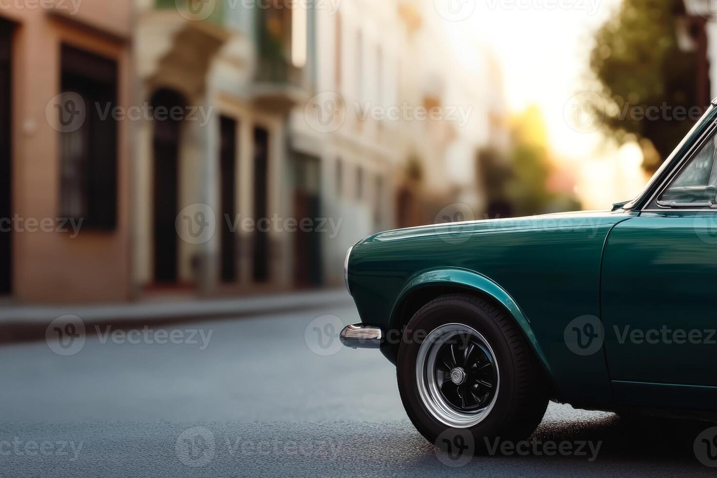 Classic green car parked on a quiet street at sunset with soft light illuminating the surroundings photo