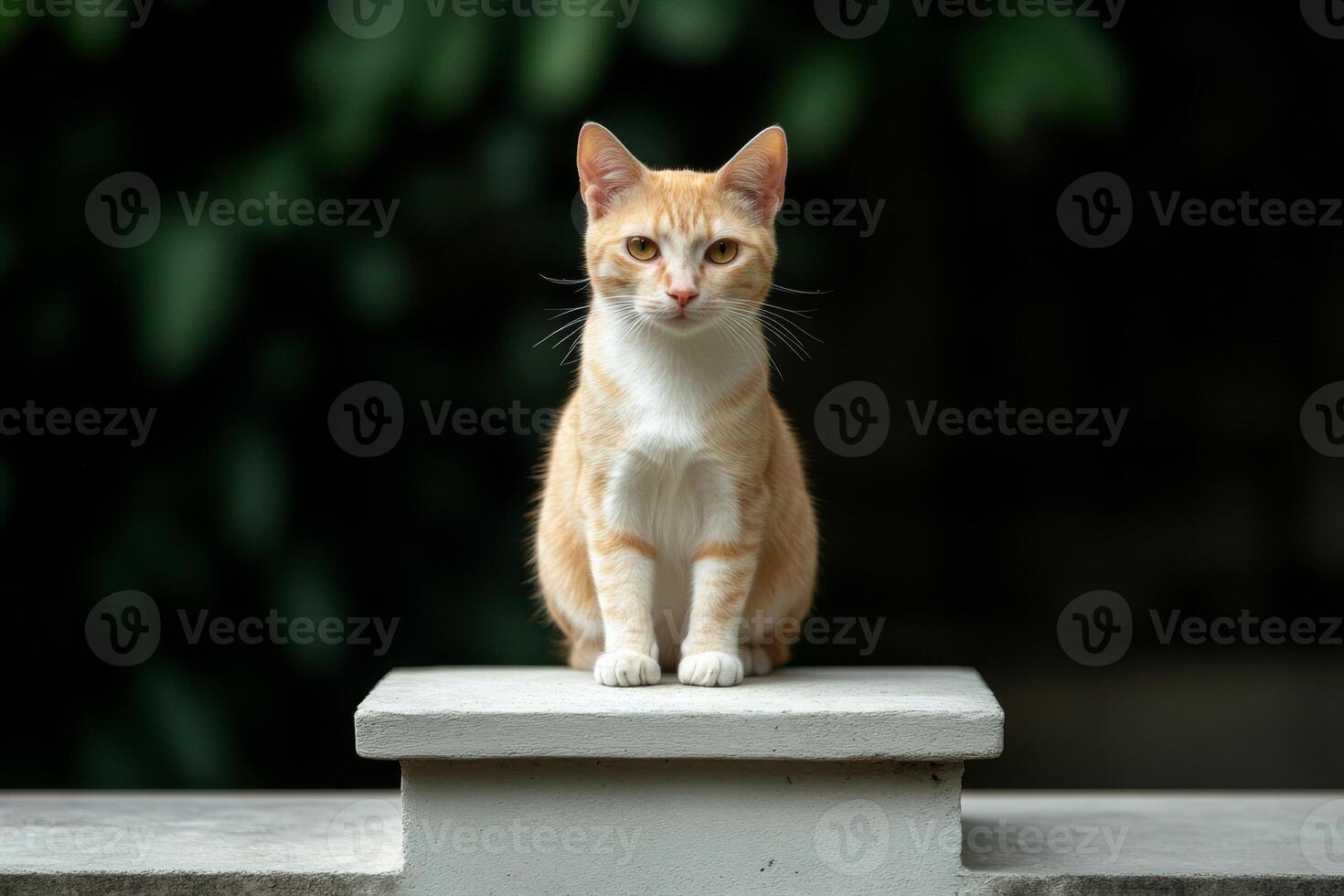Orange and white cat sitting calmly on a stone ledge outdoors during the day amidst green foliage photo