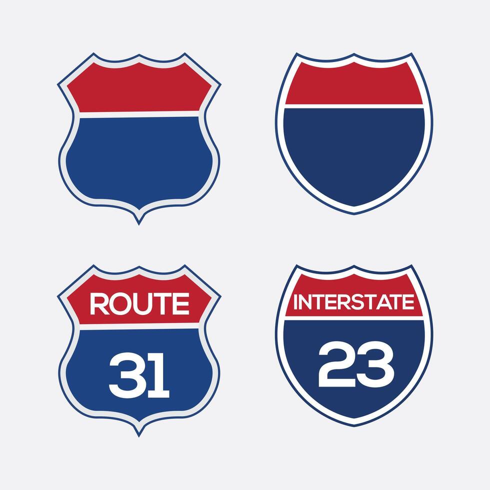 Interstate sign icon set. American interstate highway sign, red and blue isolated on white background, illustration. vector