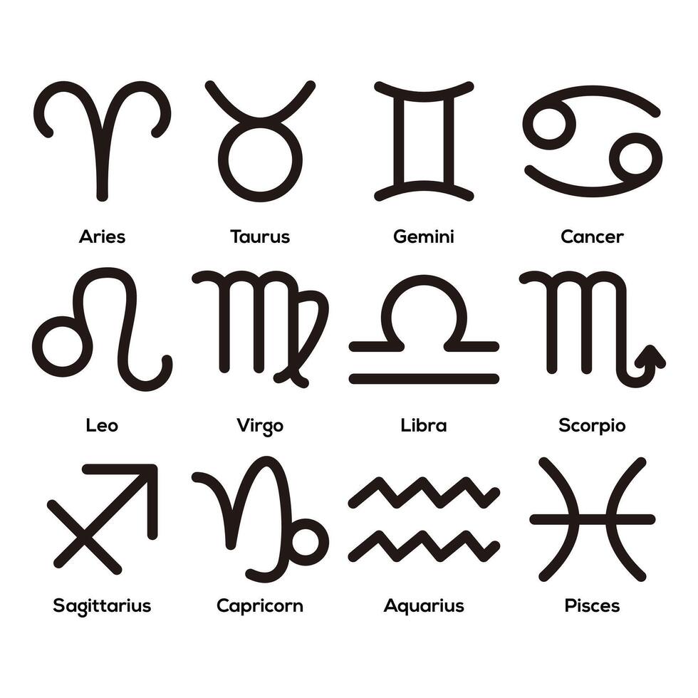 Zodiac signs icon set. Zodiacal symbol. Astrological symbols of twelve zodiacal signs. vector