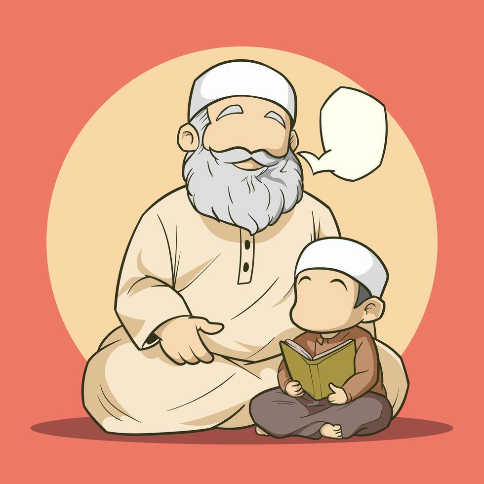 A cartoon muslim man and his son reading a book vector