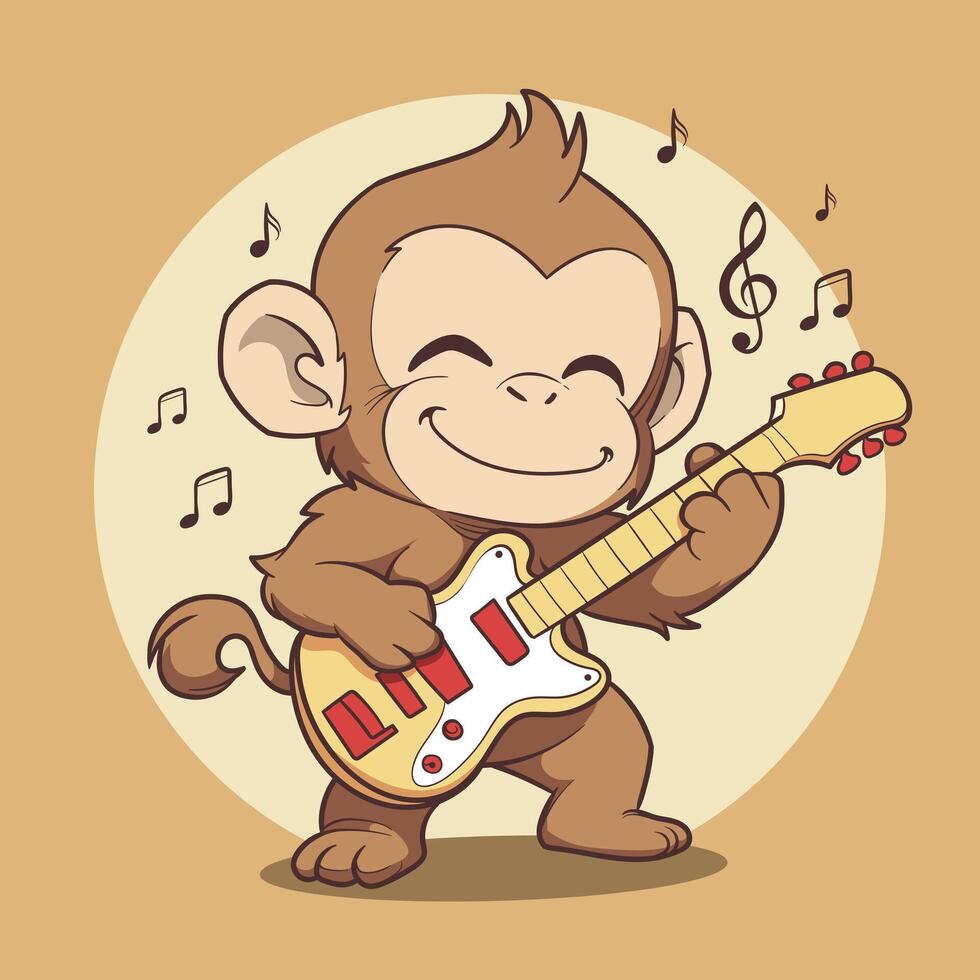 Cartoon monkey playing guitar with music notes vector