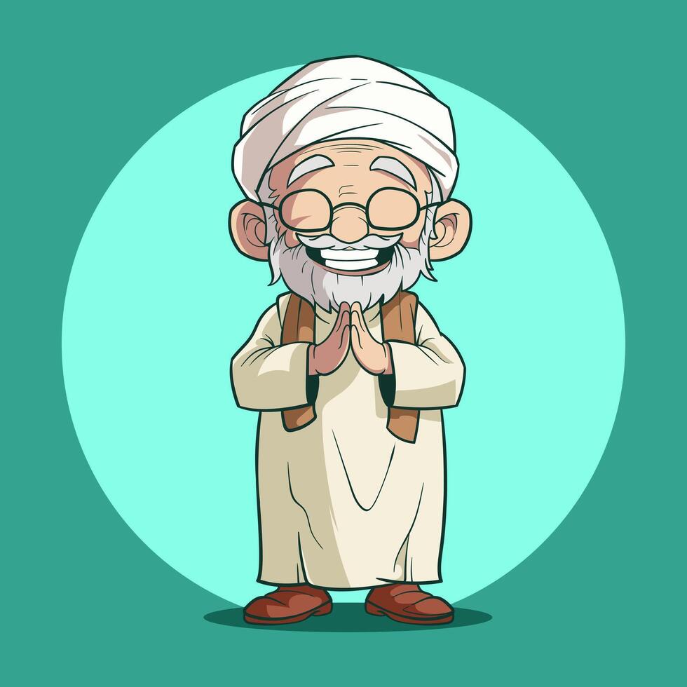 An old man in a white turban and glasses is praying vector