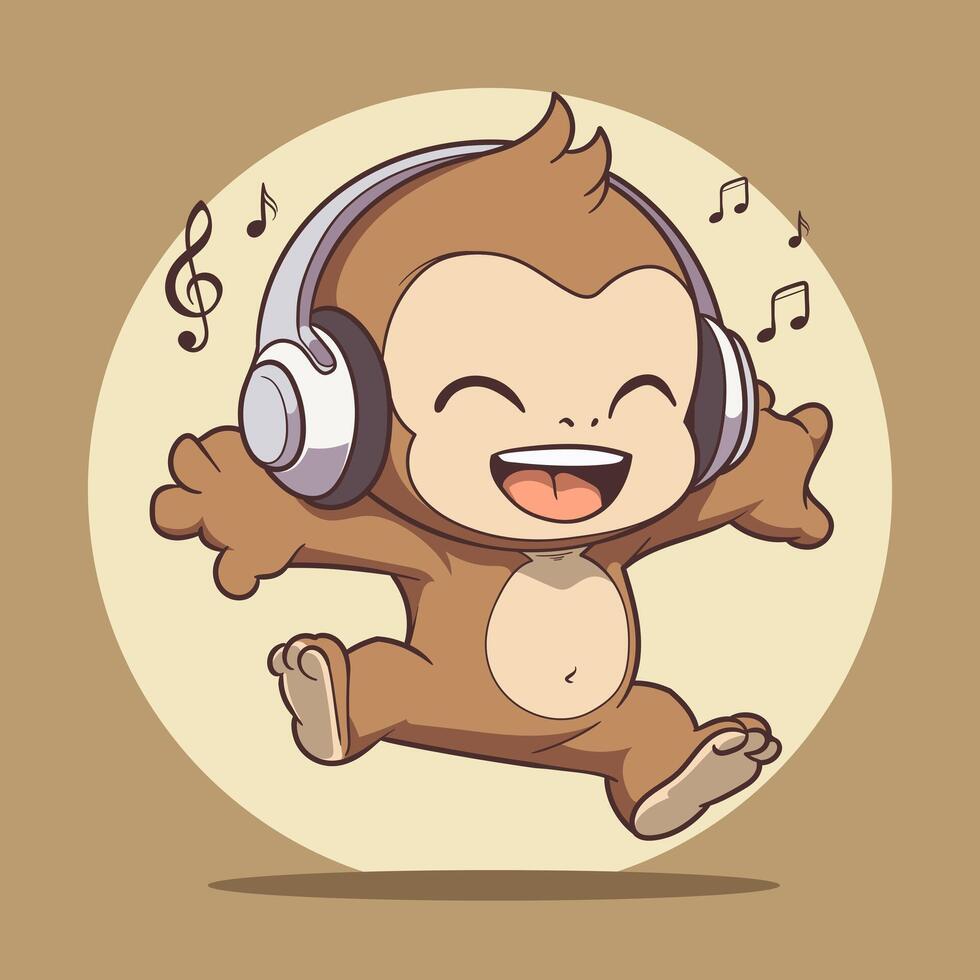 Cartoon monkey with headphones and music notes vector