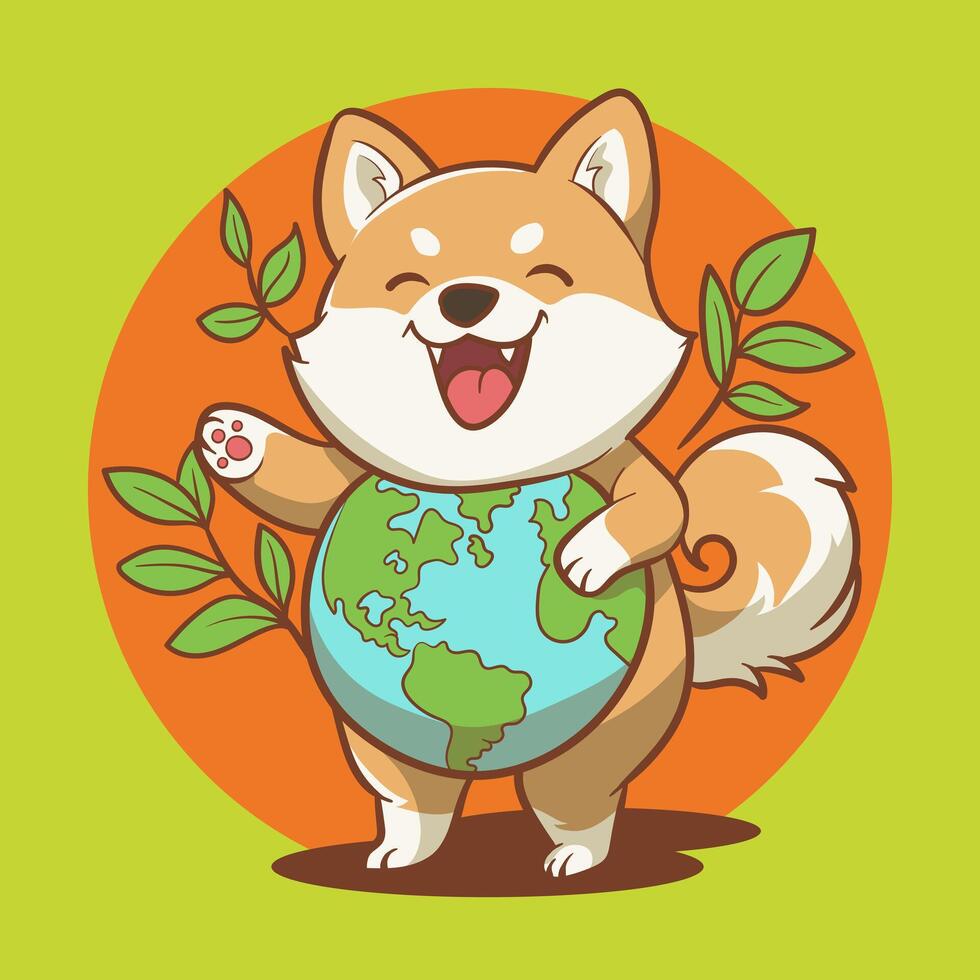 Shiba inu dog holding a globe vector