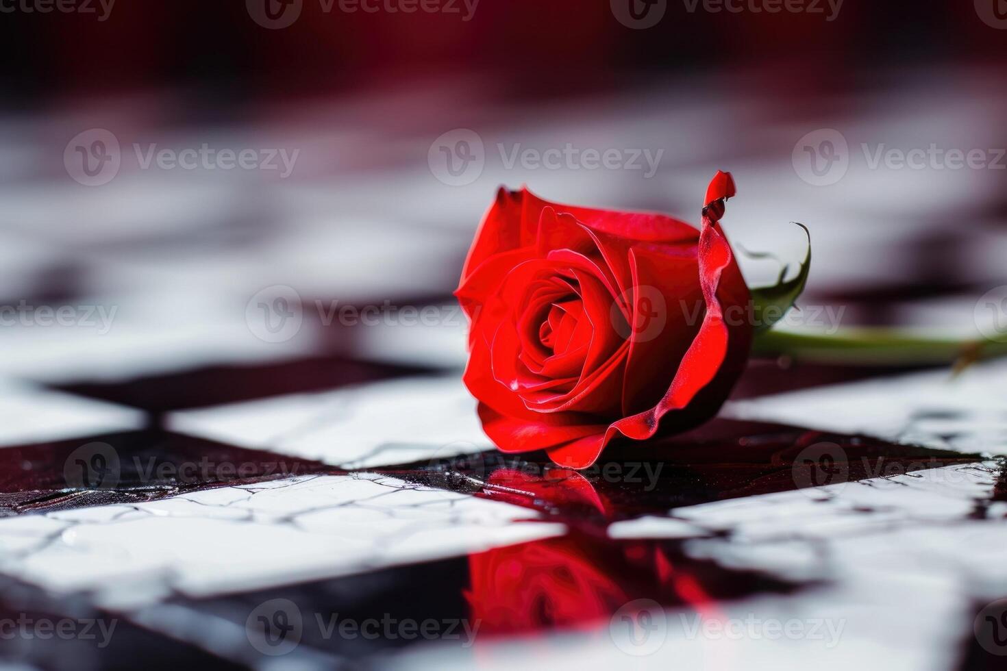 A single red rose on a black and white checkered floor photo