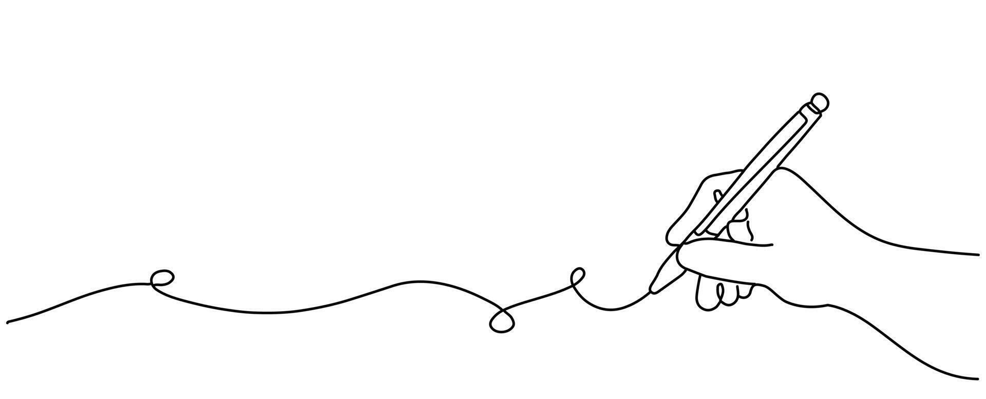A hand holding a pen, a continuous line writing style. A simple linear letter or diary theme. vector