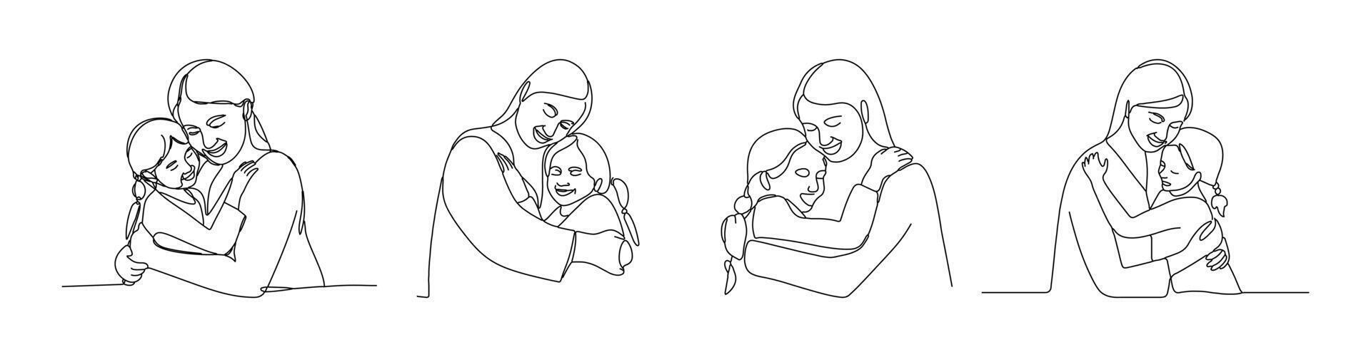 A hand-drawn single line illustration of a young mother hugging her child for a happy Mother's Day. vector