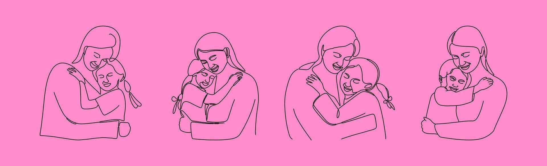 A single-line hand-drawn illustration of a loving mother hugging her child, celebrating Mother's Day. Big set. vector