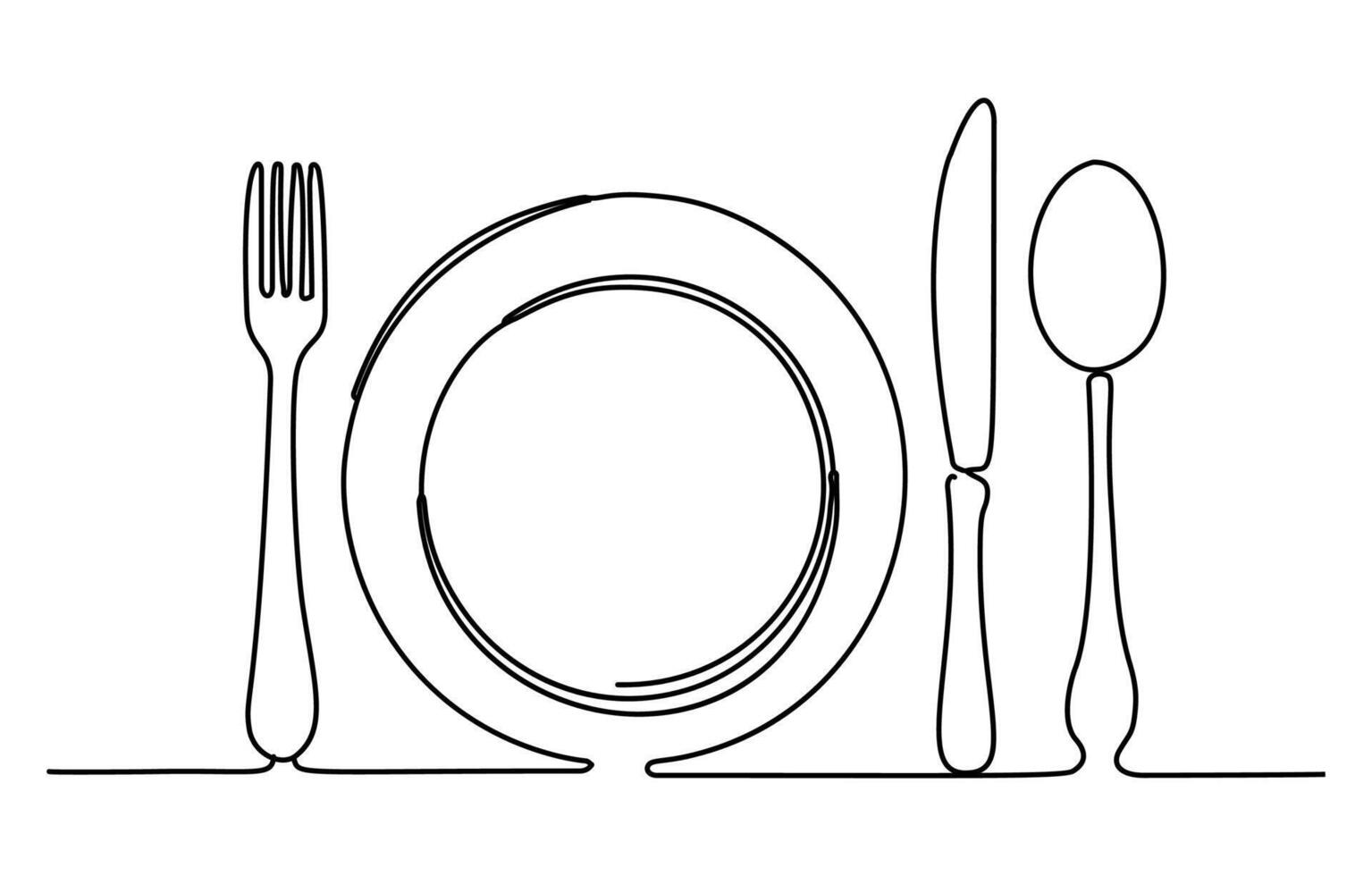 Fork, plate, knife and spoon drawn with a minimalist single line. The white background completes the elegance of the design. vector
