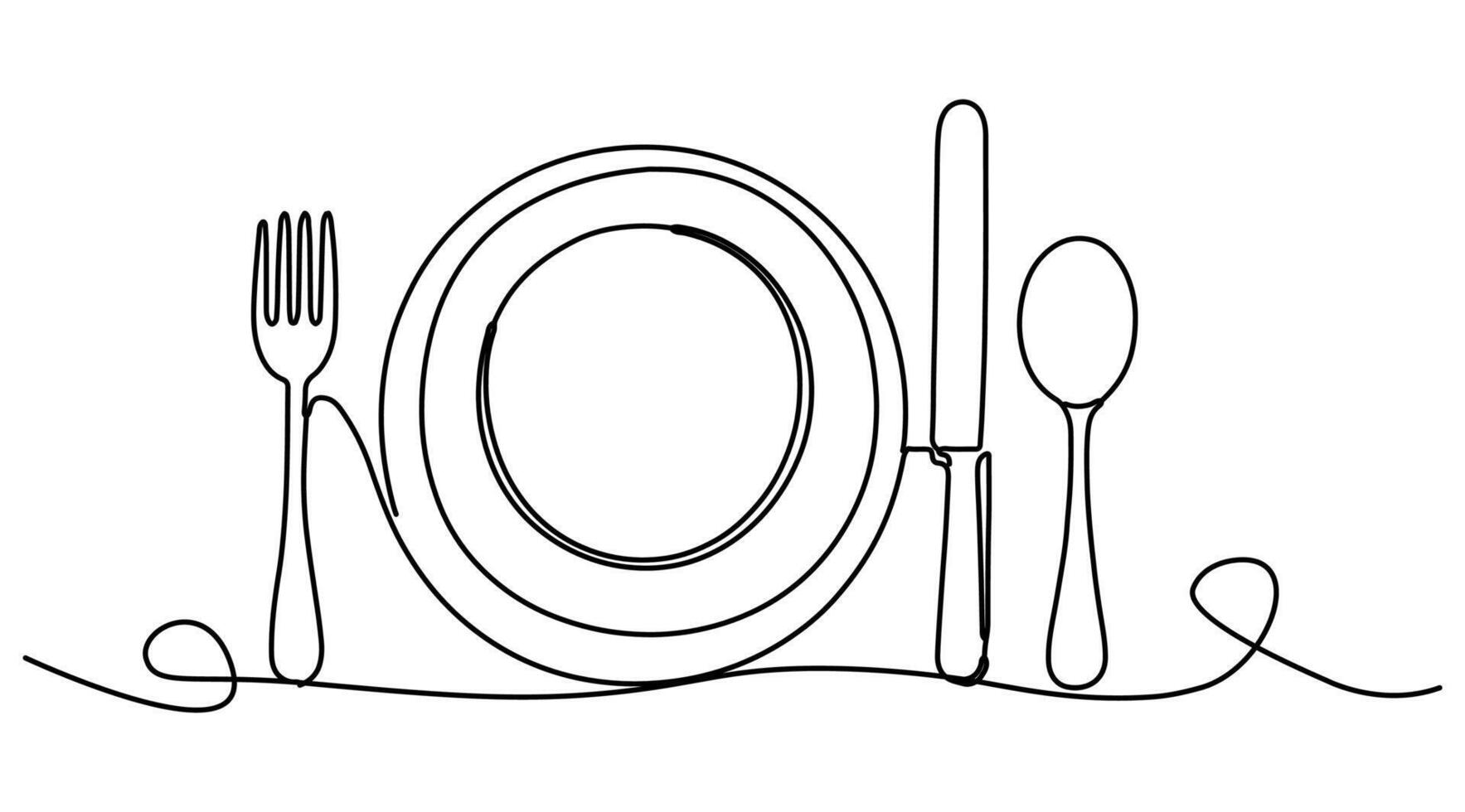 Design of fork, knife, plate and spoon, each drawn with a single line. On an isolated white background with a simple and stylish minimalist touch. vector