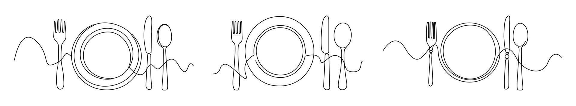 Fork, plate, knife and spoon, elegantly drawn with a single line. The background is white. vector