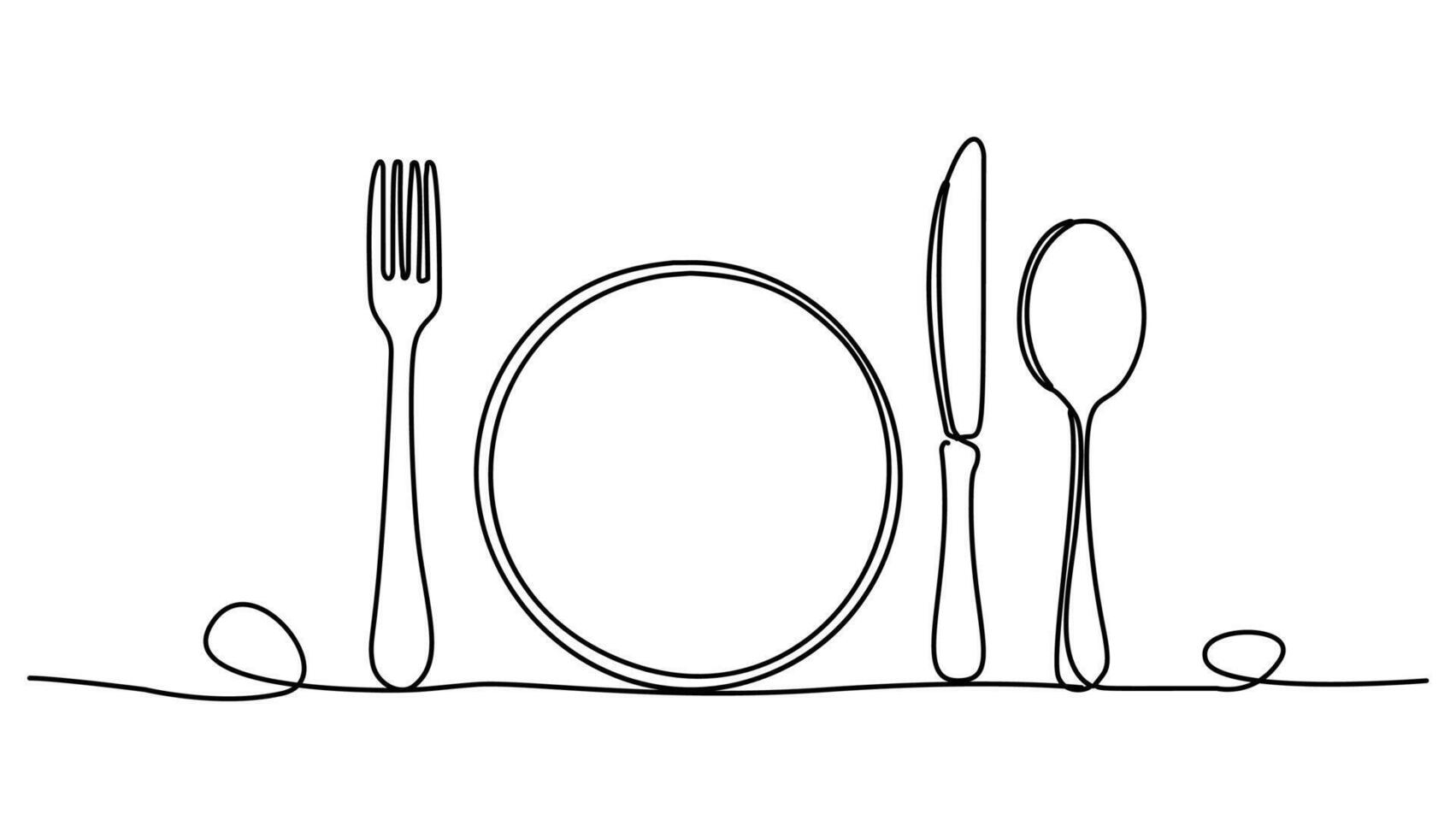 Fork, knife, spoon and plate, drawn in a minimalist single line style. Every detail is carefully emphasized on the white background. vector