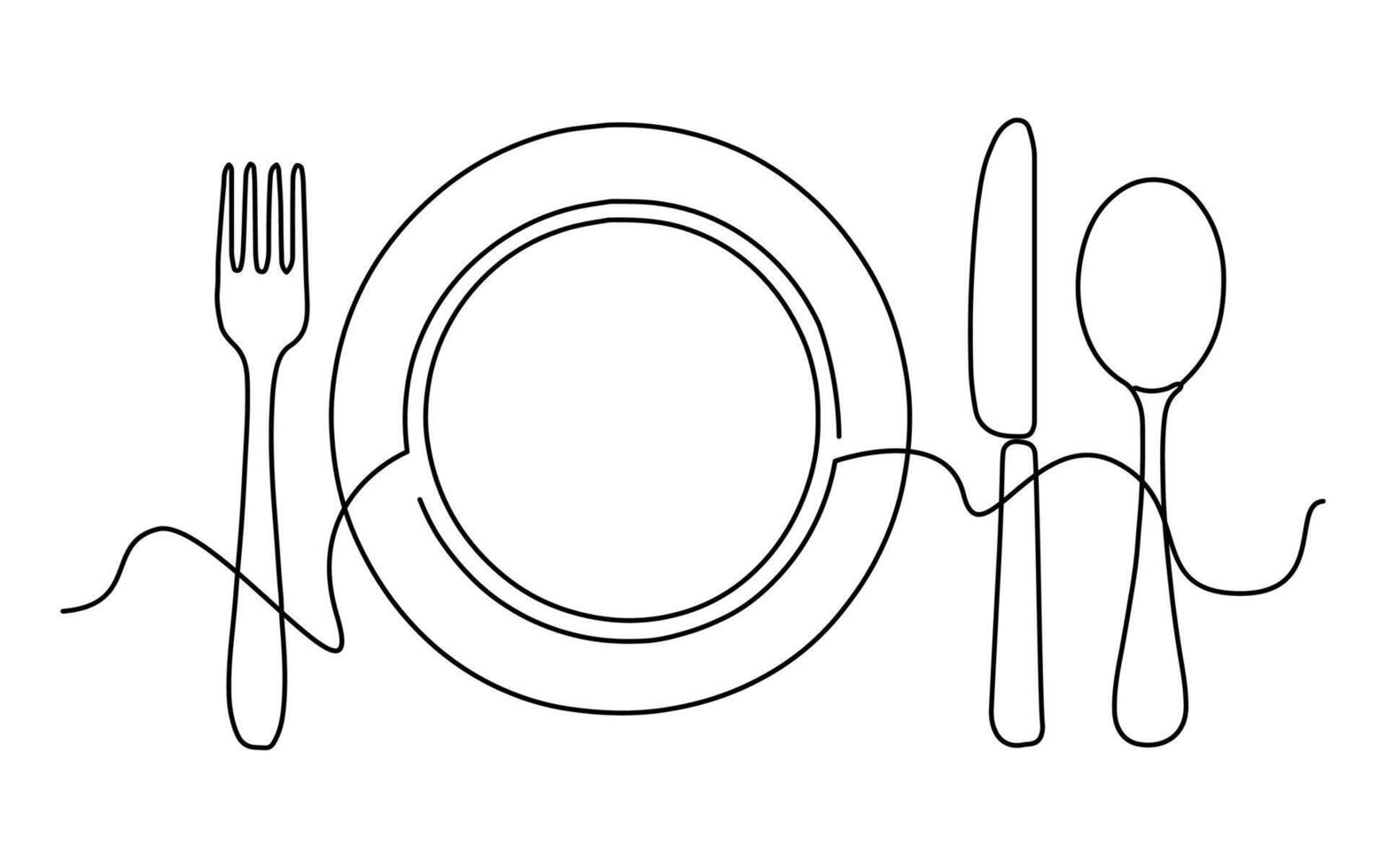 Fork, knife, spoon and plate drawn with a minimalist approach. This drawing created with a continuous single line reflects the elegance of the cutlery set. vector