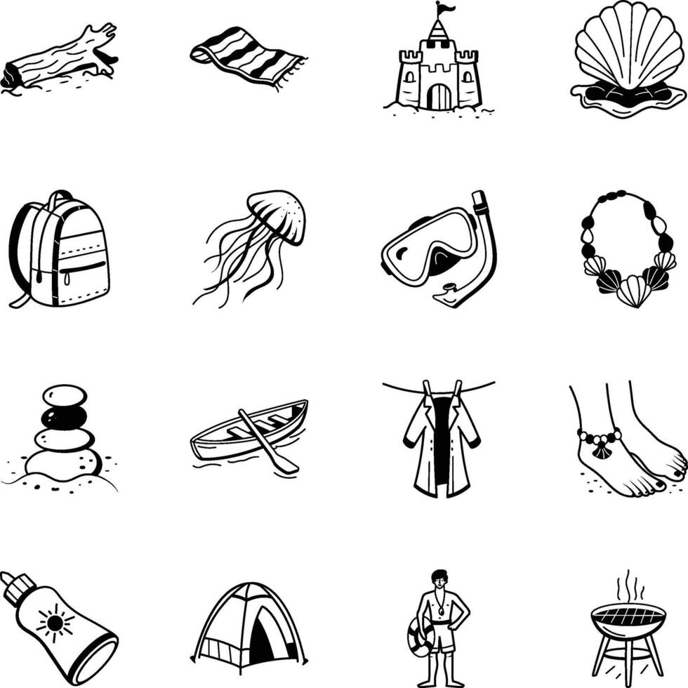 Bundle of Hand Drawn Summer Vacation Icons vector