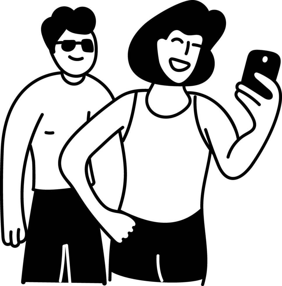 Couple taking beach selfie, doodle style icon vector