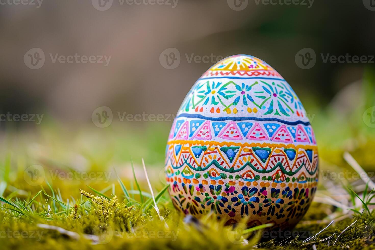 An easter egg with colorful designs on it is sitting on the grass photo