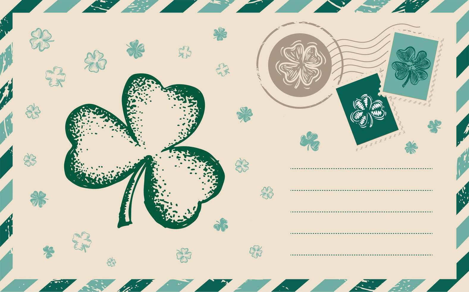 Patricks day, Postcard with clover, mail, hand drawn illustration vector