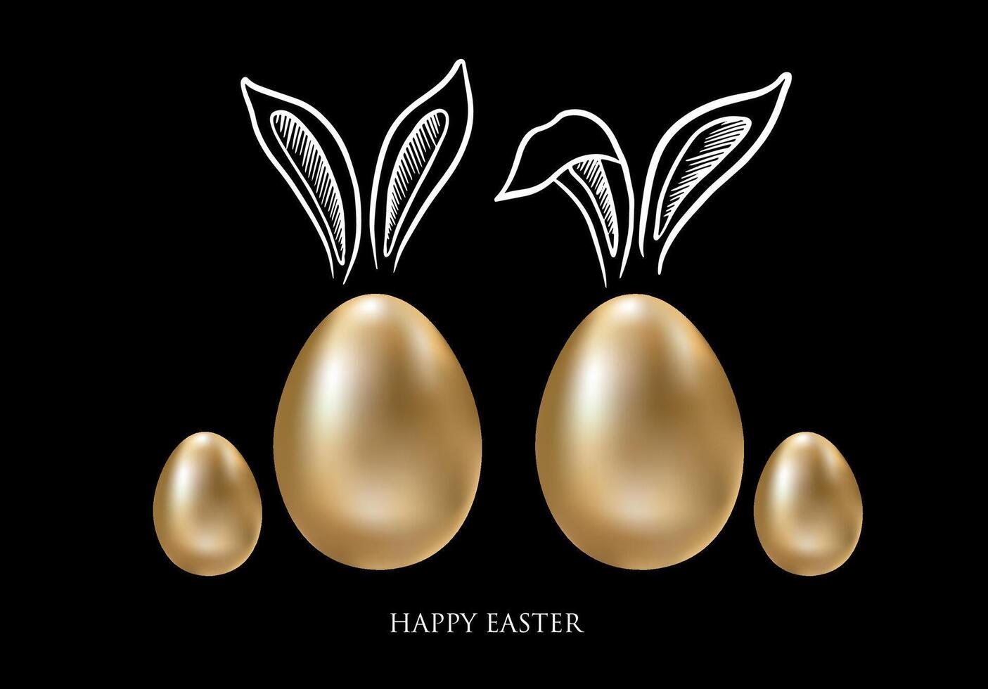 Set of rabbits's ears with Gold eggs. Happy Easter. Hand drawn illustration. vector