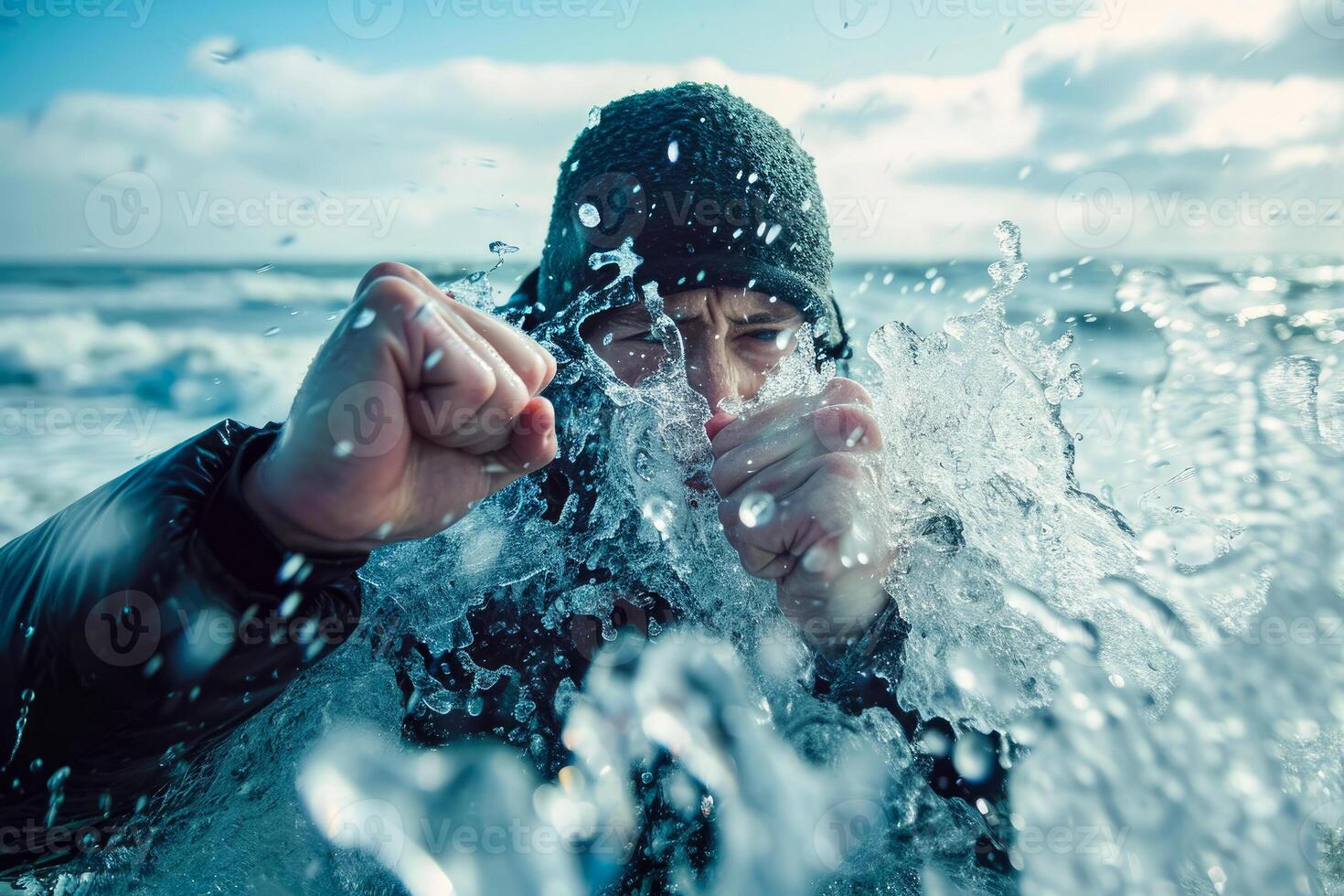 A man in a black jacket is splashing water photo