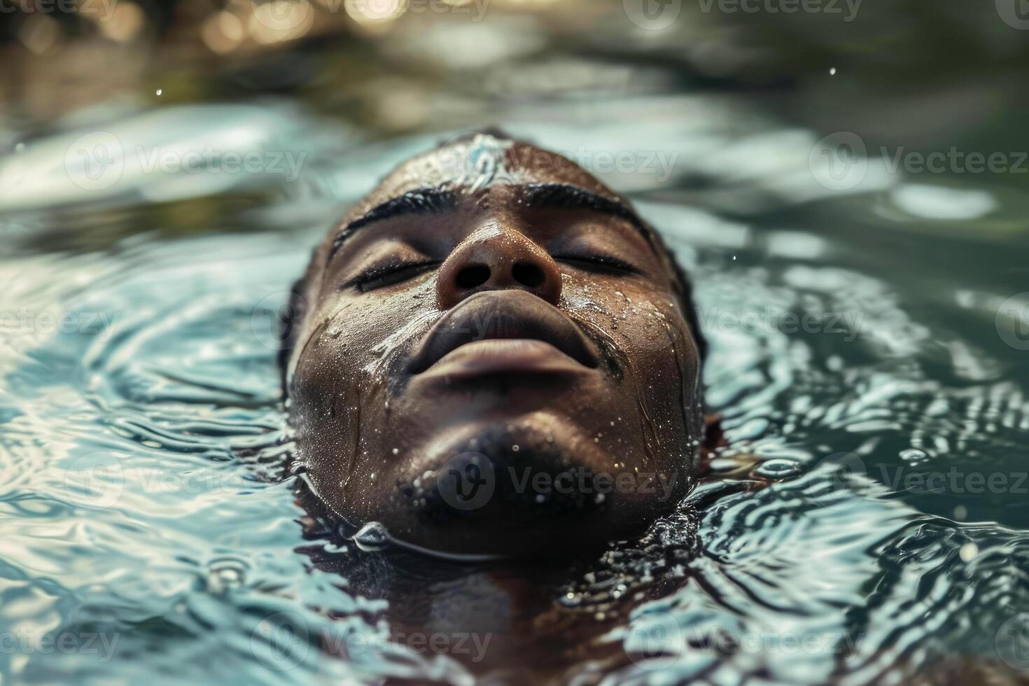A man is floating in the water with his eyes closed photo