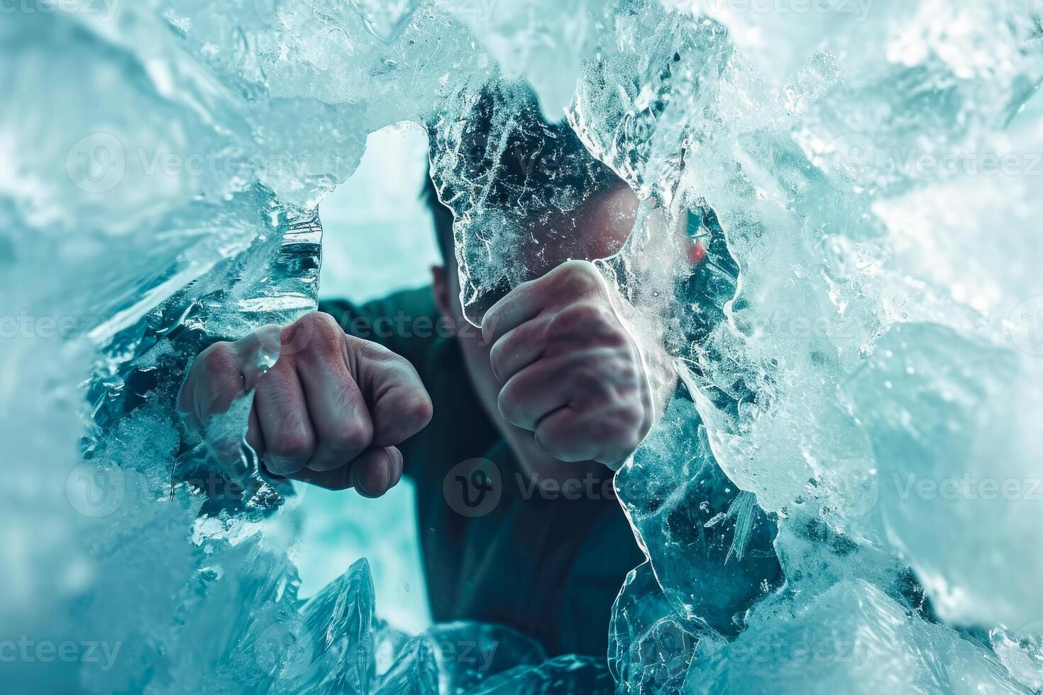 A man is punching through a hole in ice photo