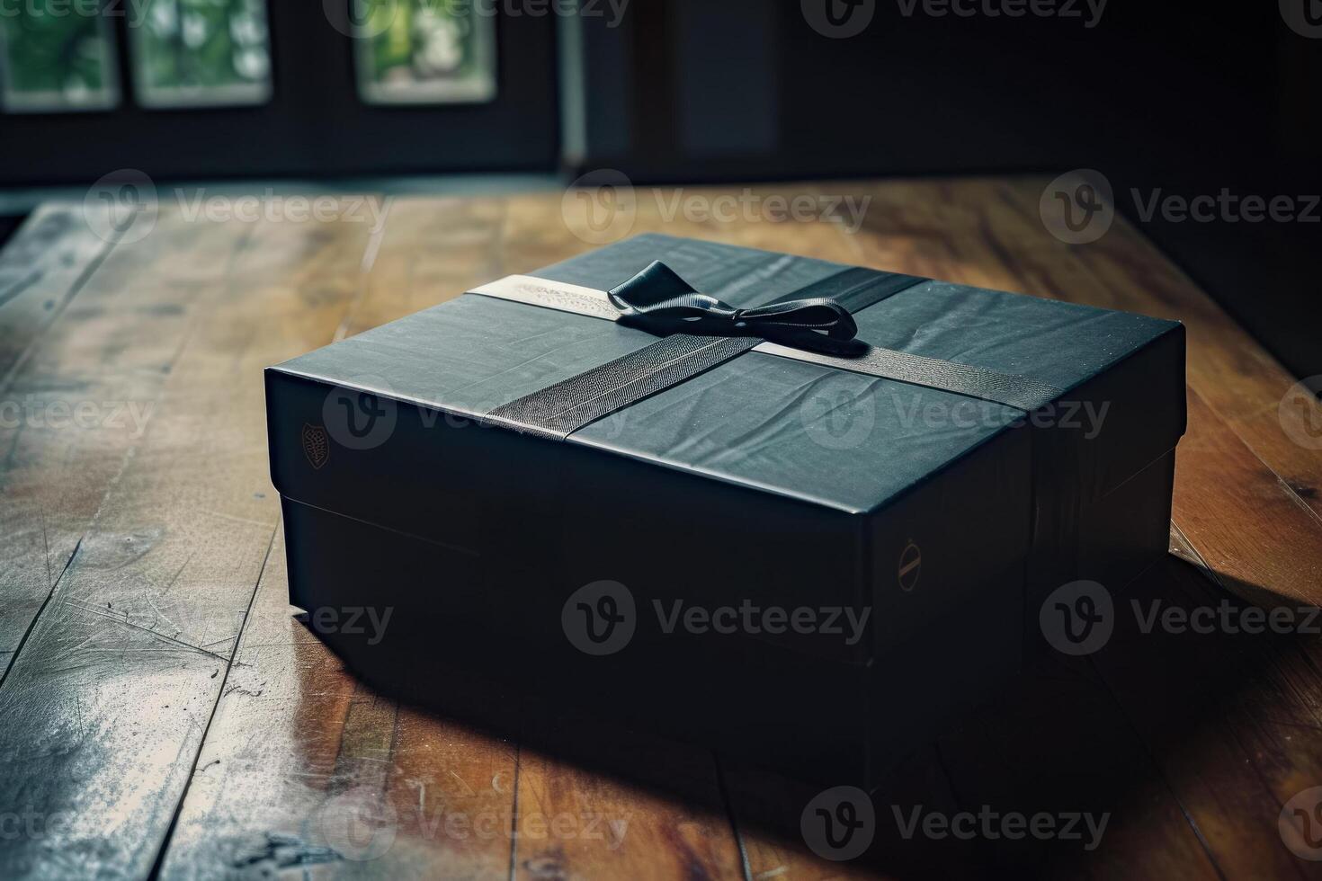 A black gift box sitting on a wooden table photo
