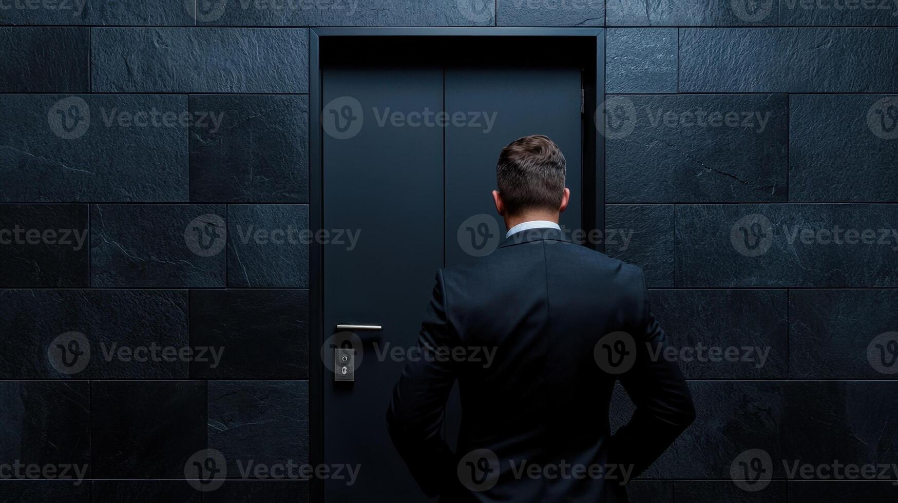 A man in a suit standing in front of an open door photo