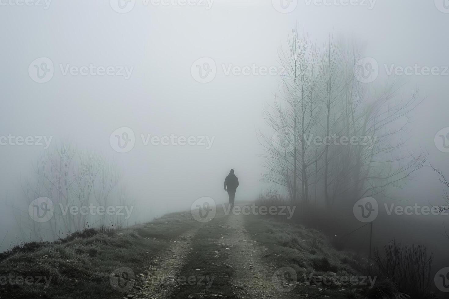 A person is walking on a foggy path in the woods photo