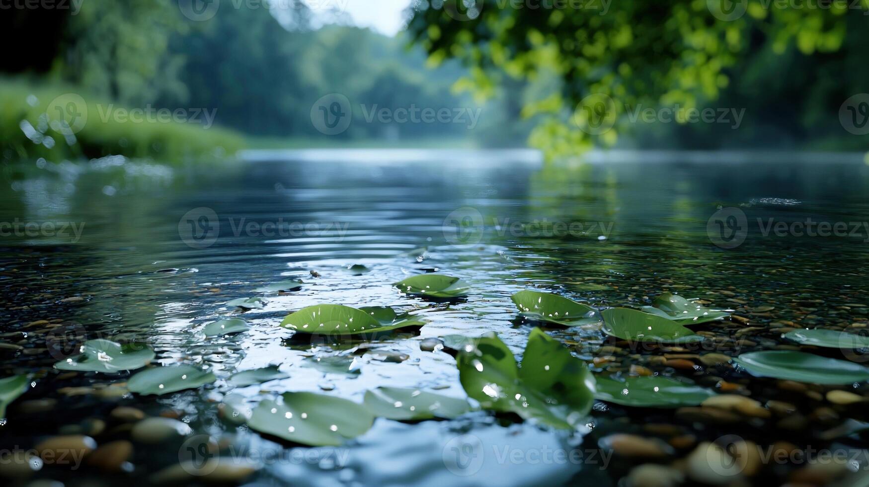 A pond with a lot of leaves floating on the water photo