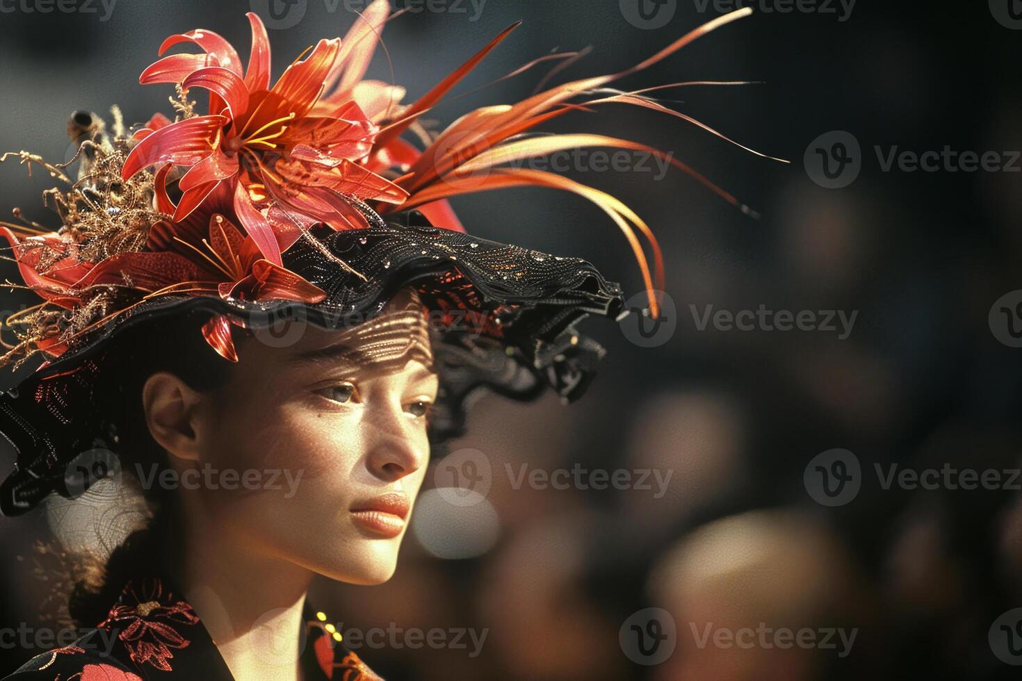 A woman wearing a red flower hat stands in front of a crowd photo