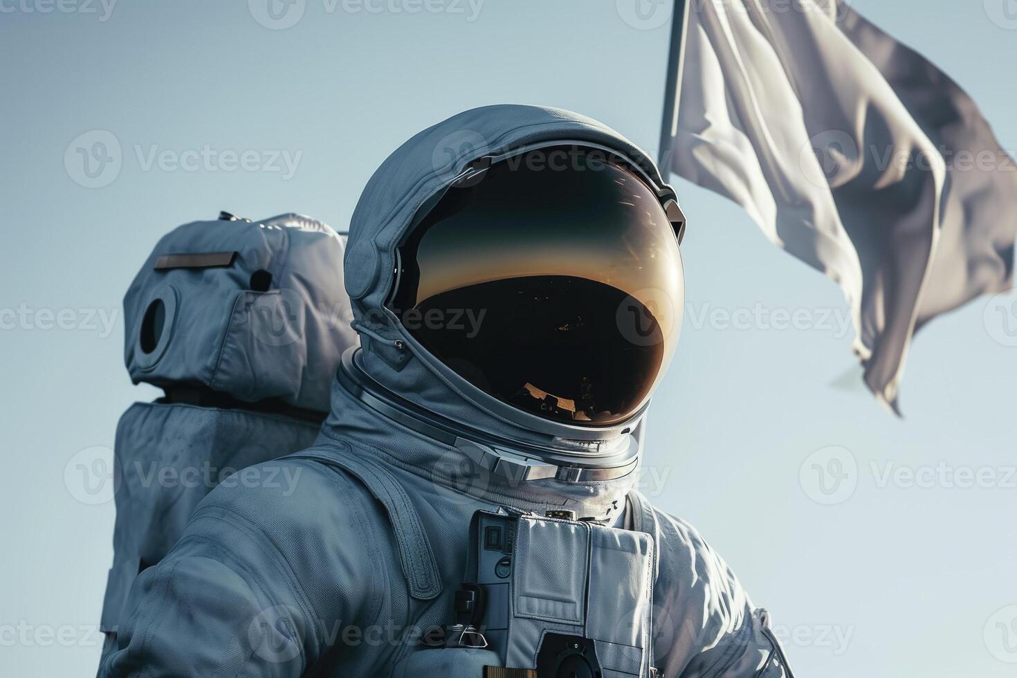 An astronaut holding a flag in the sky photo