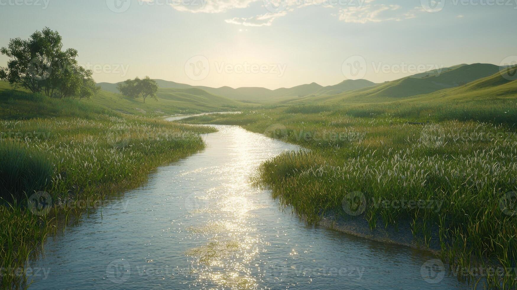 A river running through a grassy field photo