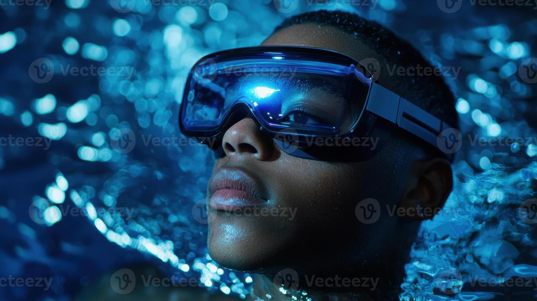 A young man wearing goggles in the water photo