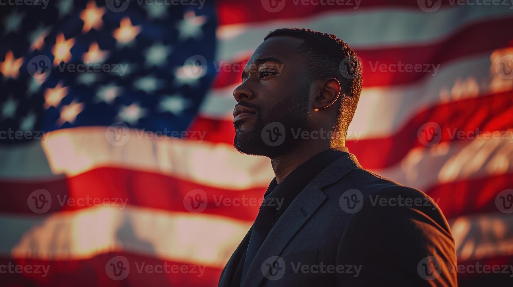 A man in a formal suit poses confidently against a backdrop of a large American flag. The sunset creates a warm glow emphasizing his pride and patriotism, capturing a moment of reflection photo
