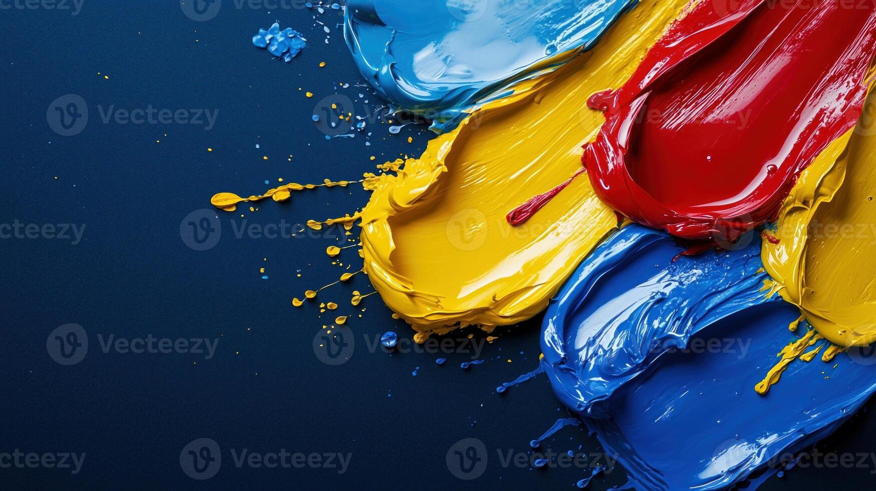 A painting of four different colors of paint splattered on a blue background photo