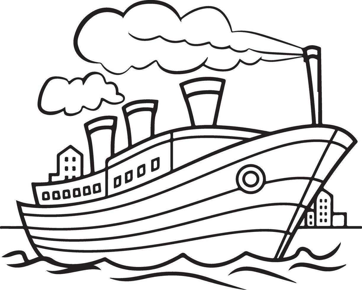 A black and white illustration of a steamship vector