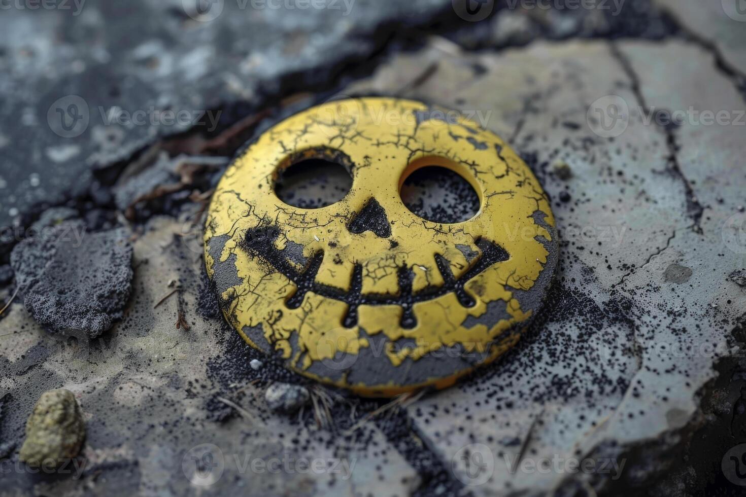 A yellow and black skull shaped button on the ground photo