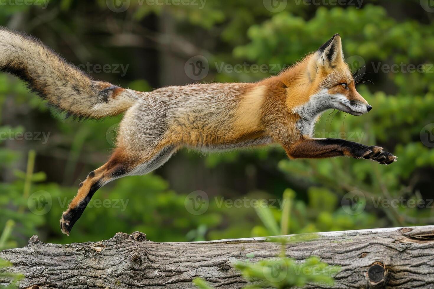 A red fox jumping over a log photo